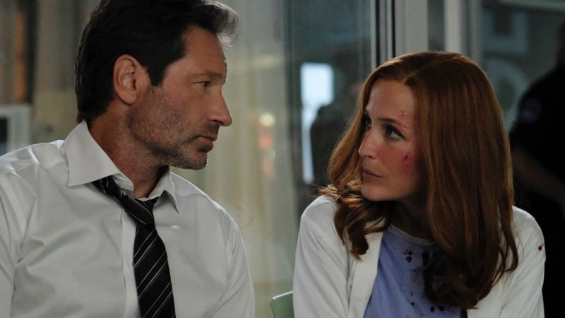Mulder (David Duchovny) and Scully (Gillian Anderson) in the season premiere episode of The X-Files. Image: Robert Falconer/FOX